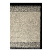 Beige and gray area rug with a textured pattern and black fringe borders. Stylish and modern home decor accent.