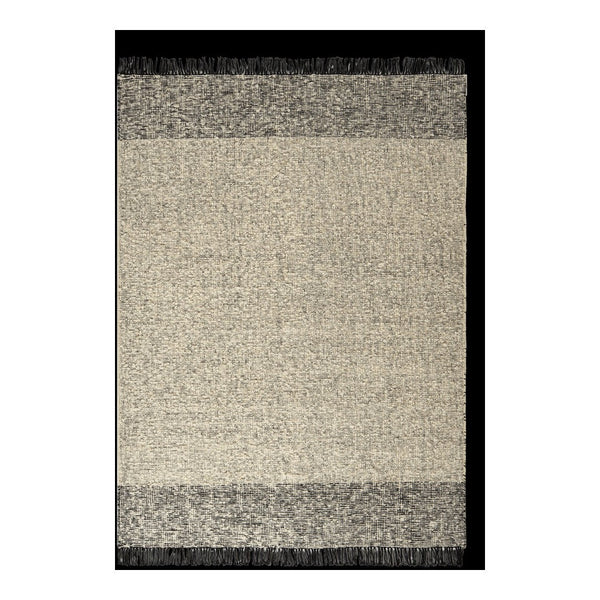 Beige and gray area rug with a textured pattern and black fringe borders. Stylish and modern home decor accent.