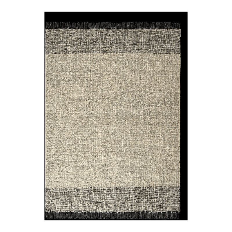Beige and gray area rug with a textured pattern and black fringe borders. Stylish and modern home decor accent.
