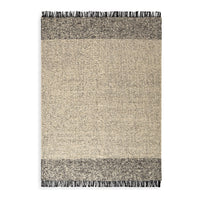 Beige and gray patterned throw blanket with fringe edges, featuring a soft, textured design. 