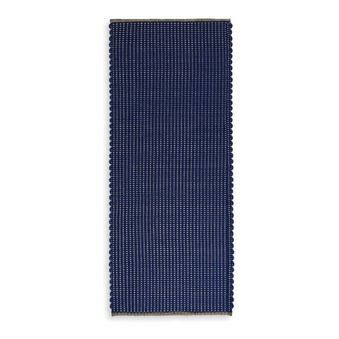 Navy blue rectangular rug with a textured striped pattern in alternating shades. Perfect for modern decor.