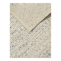 Beige textured rug with navy blue stripes and a solid beige border pattern. Ideal for modern decor.