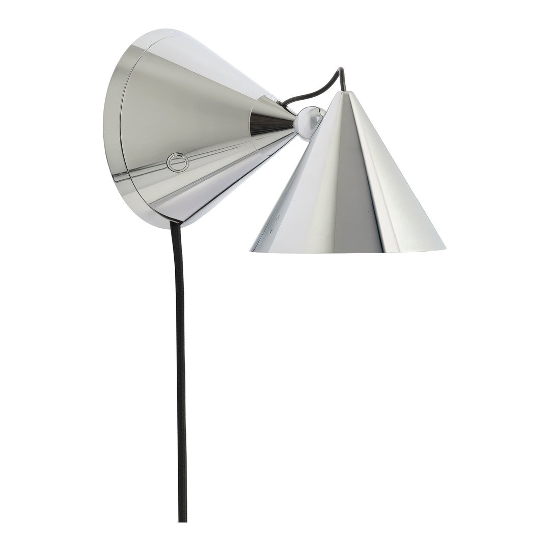 Silver metallic wall lamp with a sleek cone shape and contrasting black cord. Modern and minimalist design.