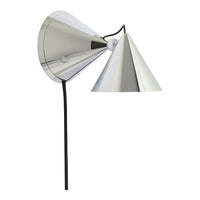 Silver metallic wall lamp with a sleek cone shape and contrasting black cord. Modern and minimalist design.