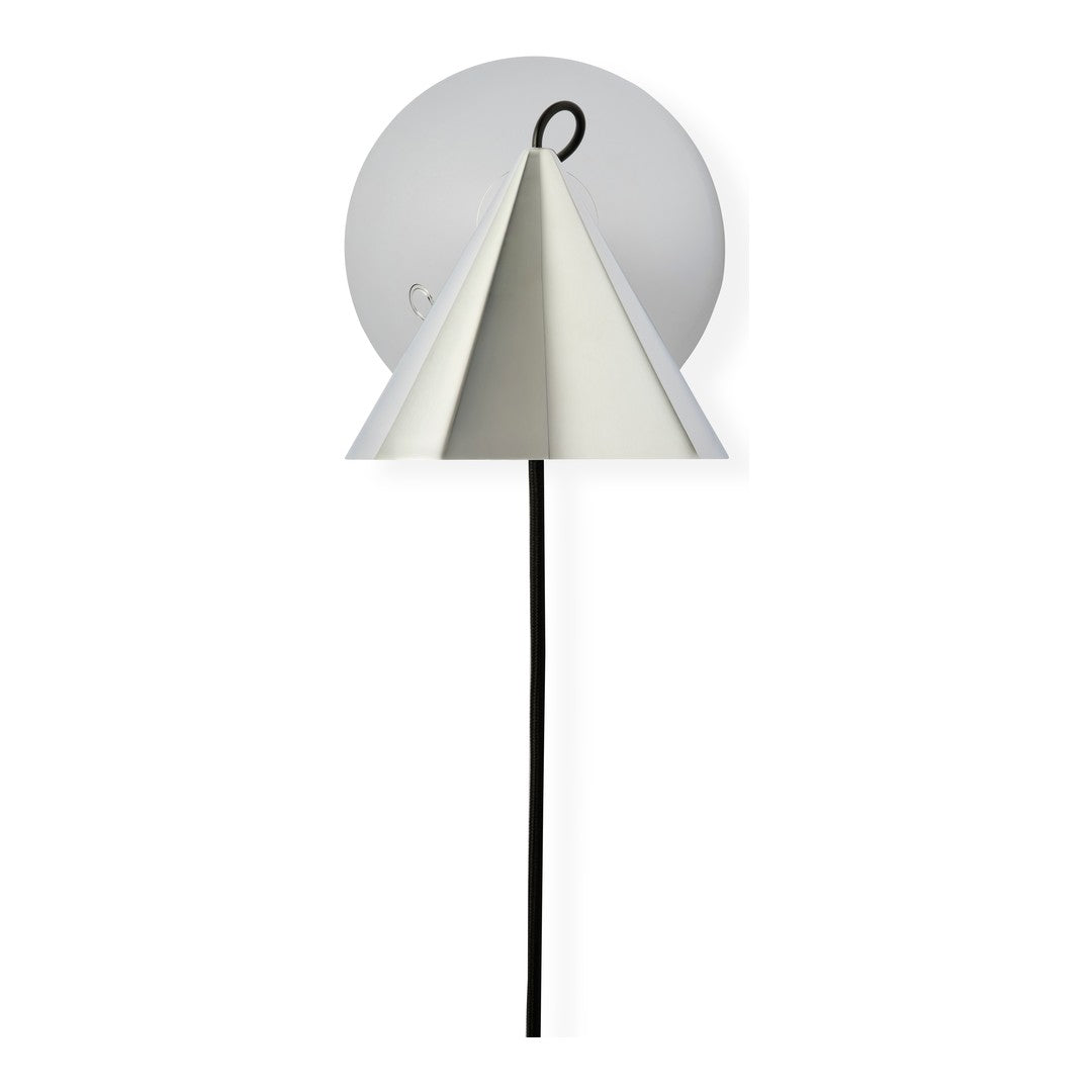 Light fixture featuring a minimalist design with a cone shape in soft white and a sleek black cord.