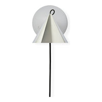 Light fixture featuring a minimalist design with a cone shape in soft white and a sleek black cord.