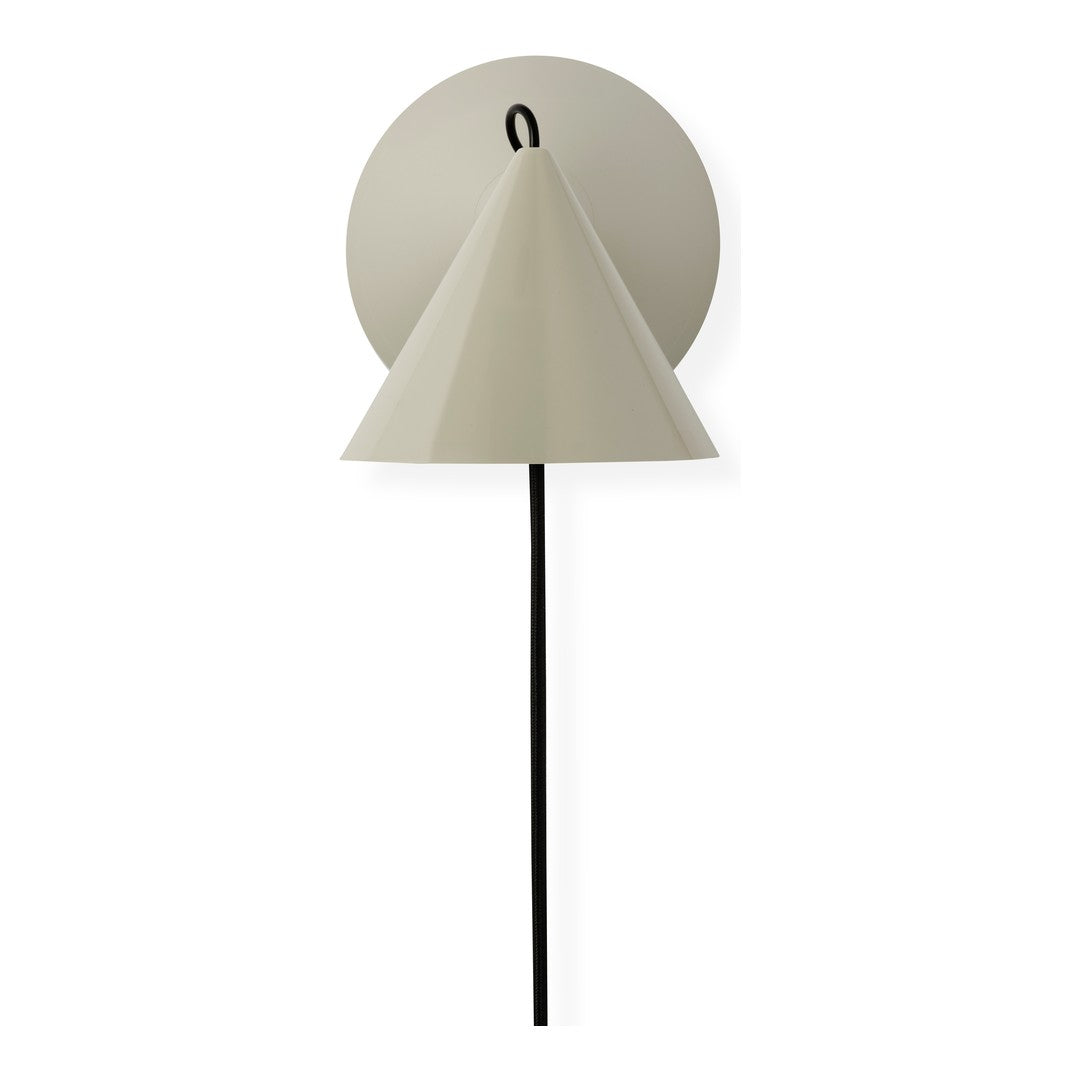 Beige conical lamp shade with a round backplate and sleek black cord design. Modern minimalist aesthetic.