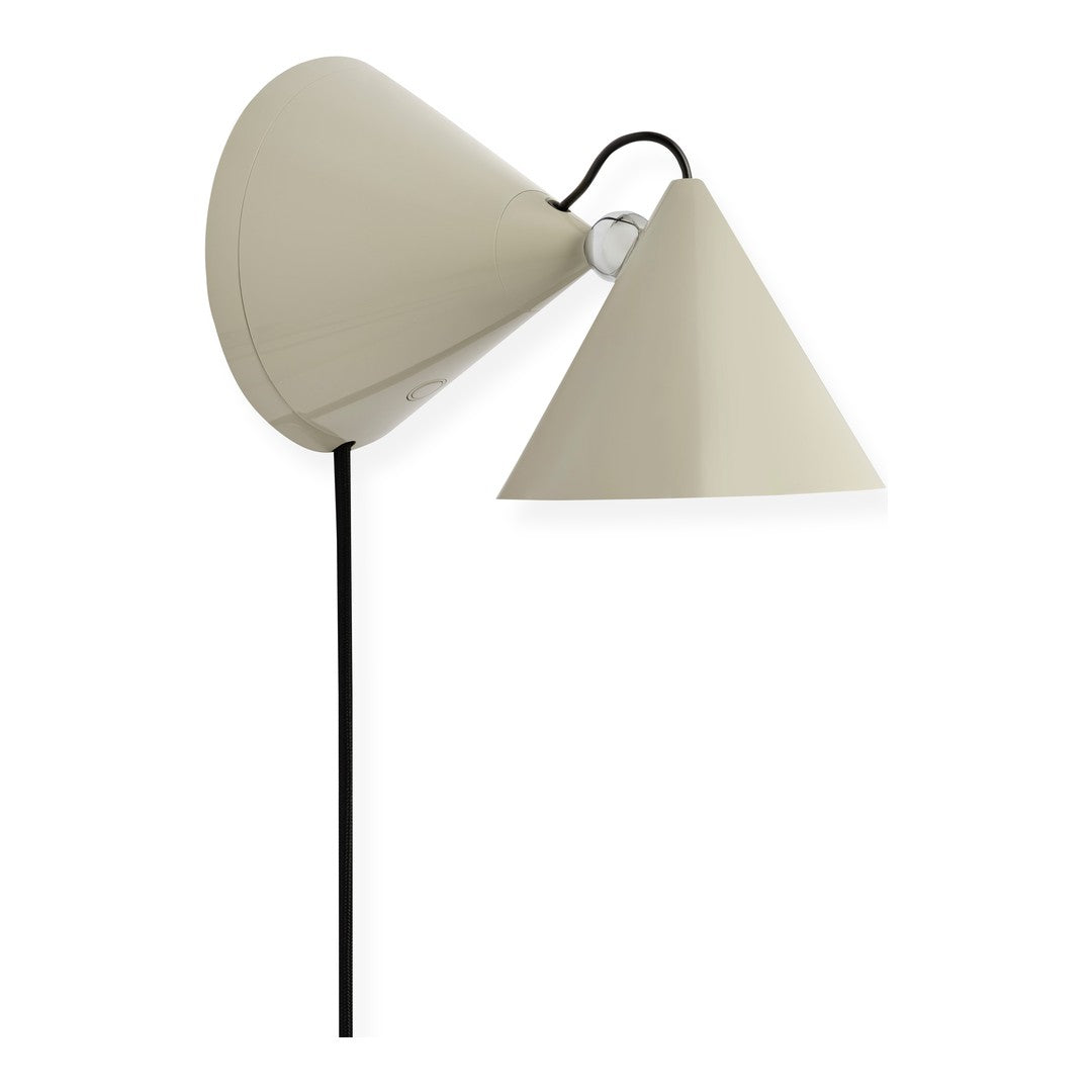 Beige wall lamp with cone-shaped shades and a sleek black cord, perfect for modern decor.