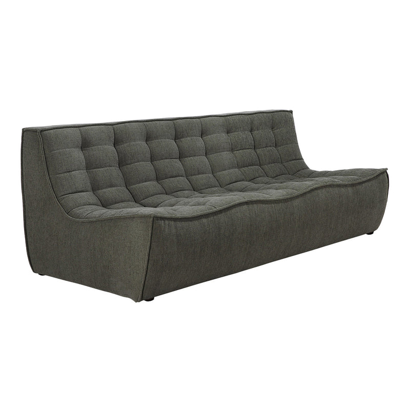 Elegant gray sofa with a smooth, curved silhouette and tufted upholstery for a modern touch.