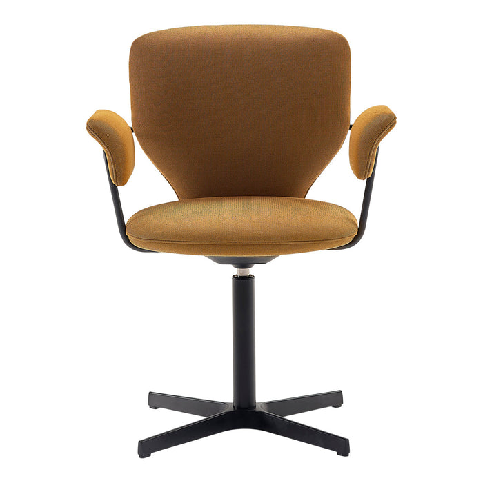 Stylish adjustable chair in warm mustard fabric with subtle texture, paired with a sleek black base.