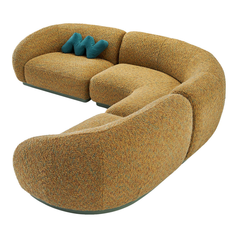 Textured mustard yellow sofa with curved design and a teal accent pillow for a vibrant touch.