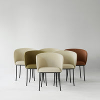 Set of modern chairs in soft beige, muted olive, and rich rust, featuring a textured finish and sleek black legs.