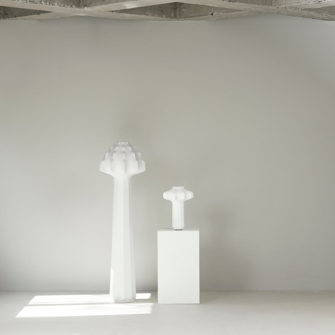 Two white decorative lamps with textured, organic shapes on a minimalistic background.