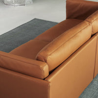 Brown leather sofa with smooth texture, accented by a grey patterned rug featuring subtle green lines.