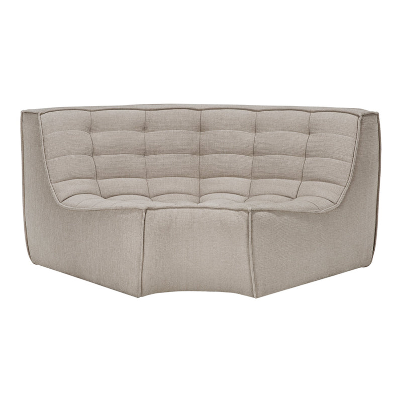 Beige tufted modern curved sofa with a smooth, textured fabric and contemporary design. Perfect for stylish living spaces.