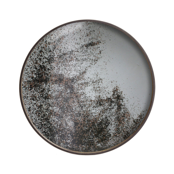Round ceramic plate featuring a textured blend of gray, black, and metallic accents in an abstract pattern.