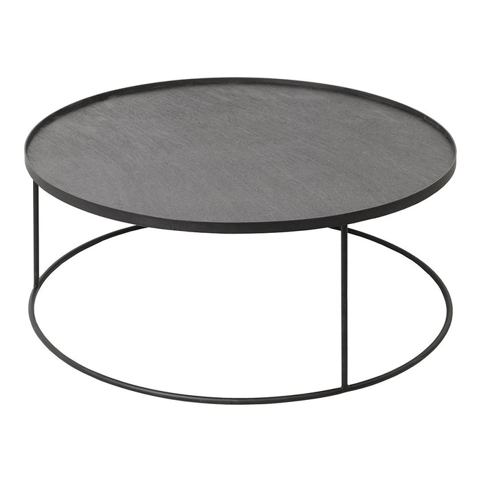 Round black coffee table with a sleek, minimalist design and textured gray surface pattern.