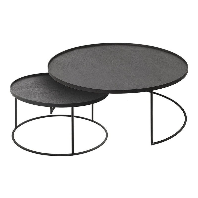 Black round nesting coffee tables with sleek, minimalist design and smooth matte finish. Ideal for modern interiors.