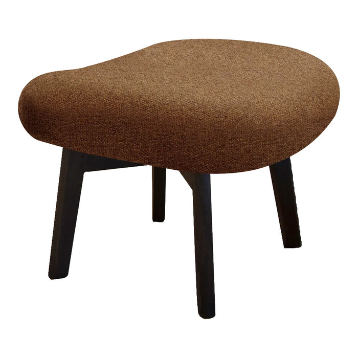 Brown upholstered ottoman with a smooth, organic shape and black wooden legs. Ideal for modern decor.