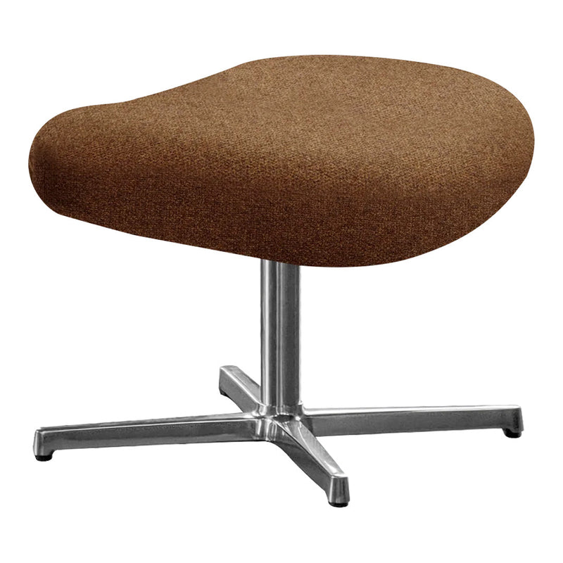 Brown fabric ottoman with a smooth, curved design and a sleek silver base. Ideal for modern and contemporary decor.