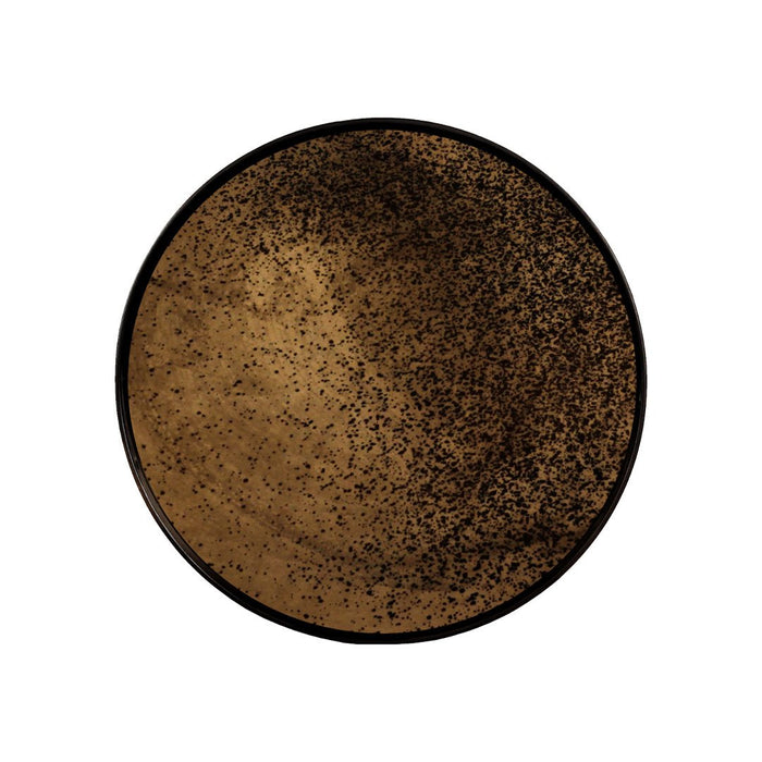 Round black and gold plate with a speckled, textured surface, perfect for elegant dining and decor.
