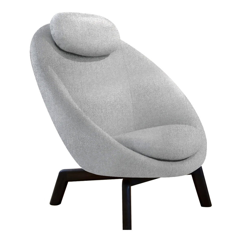Light gray upholstered chair with smooth contours and black wooden legs, featuring a minimalist design.