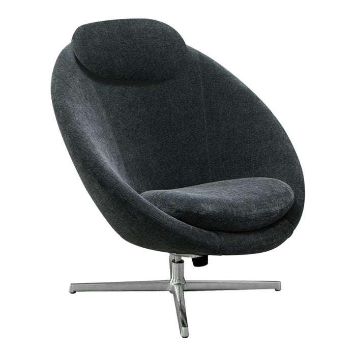 "Modern gray upholstered chair with a sleek, oval design and a polished chrome base."