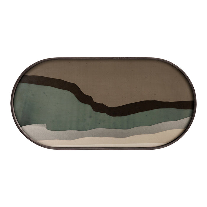 Oval tray featuring earthy tones of brown, teal, and white with abstract layered patterns. Perfect for stylish decor.