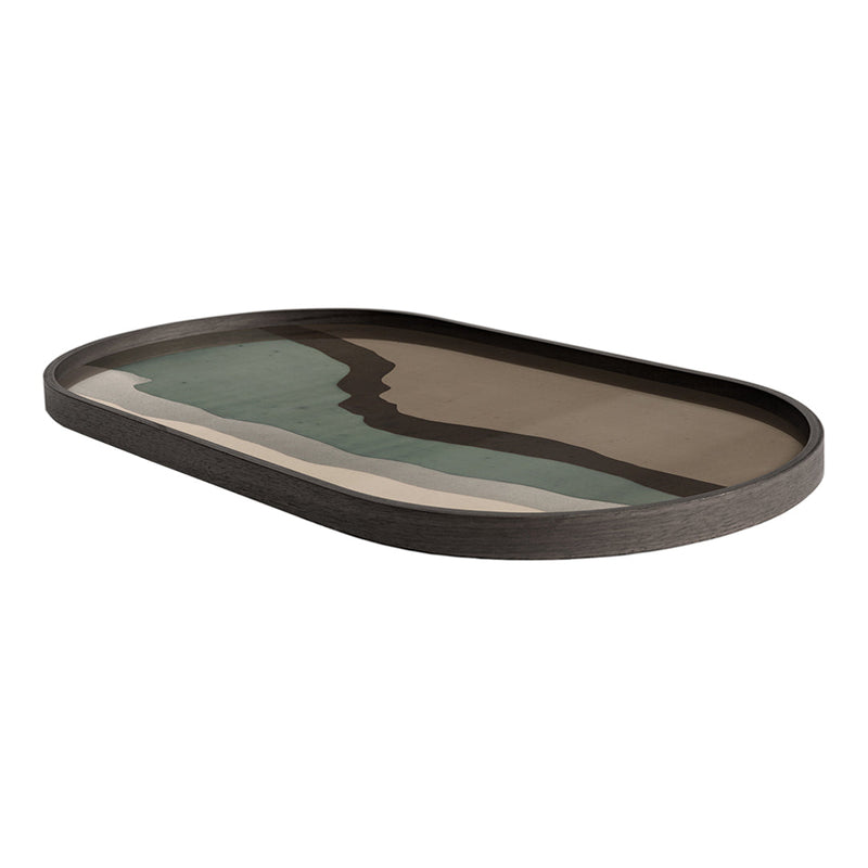 Oval decorative tray with earthy tones in green, beige, and brown, featuring a sleek, modern design.