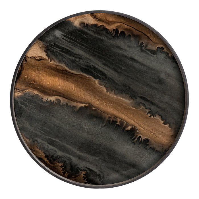 Round decorative plate featuring a striking black and gold marbled design with smooth, flowing patterns.