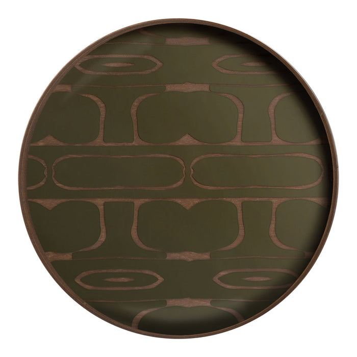 Round tray featuring an olive green background with a geometric brown pattern. Ideal for stylish home décor.