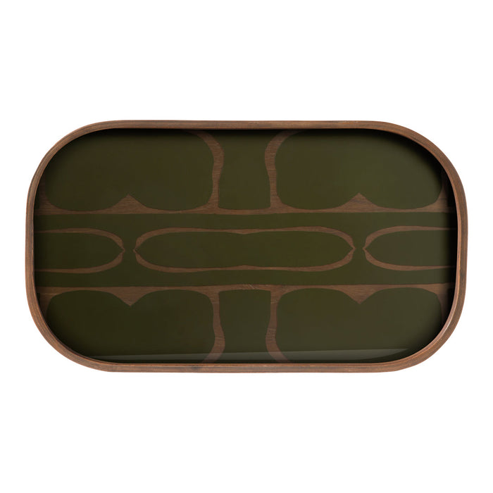 Green oval serving tray with brown abstract pattern, featuring smooth contours and elegant design.