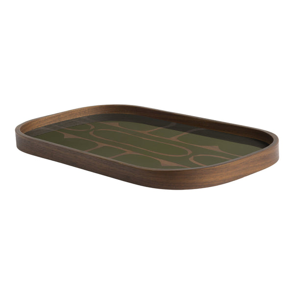 Green patterned tray with earthy brown edges, featuring a geometric design for a modern touch.