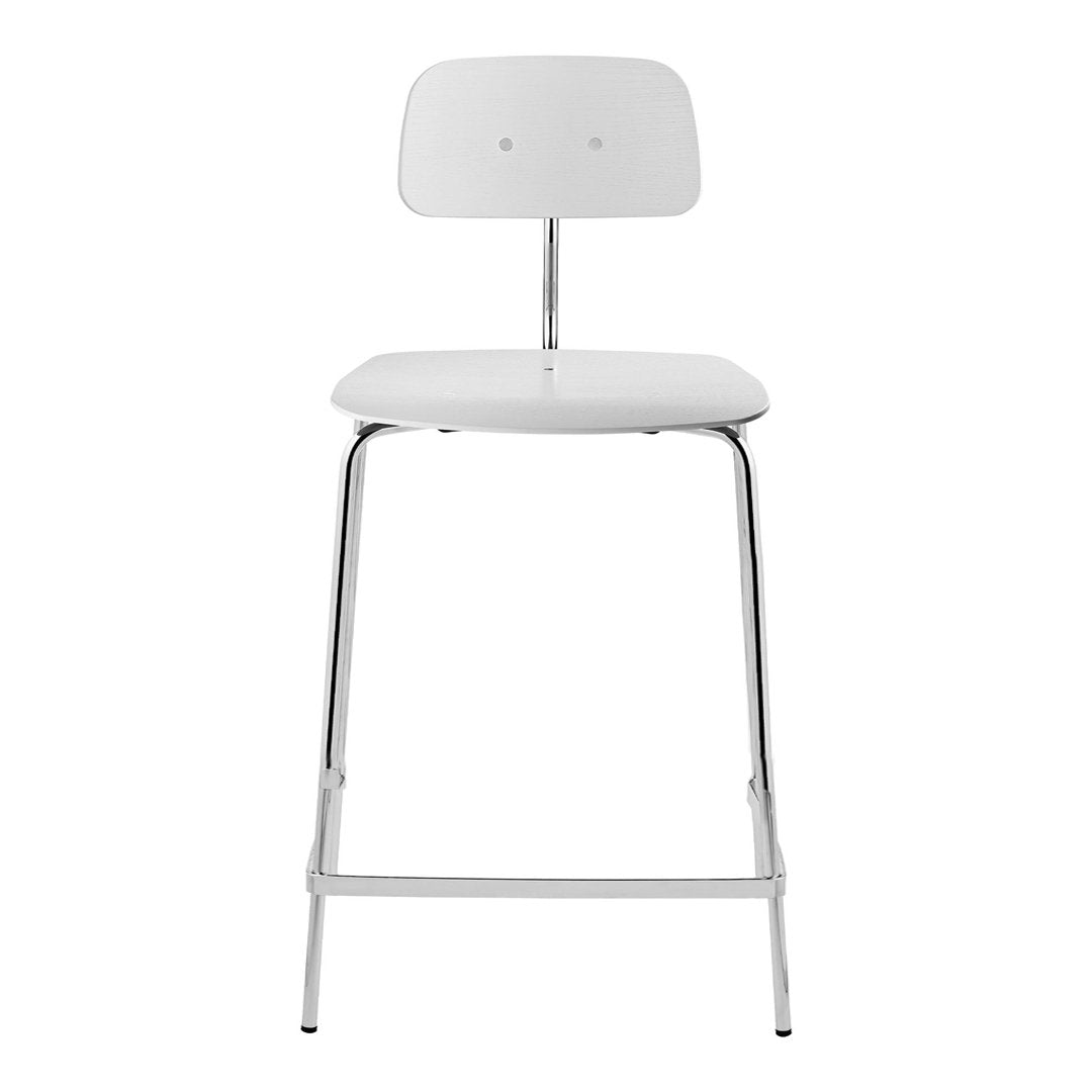 Sleek modern white bar stool with a minimalist design and chrome legs, perfect for contemporary spaces.