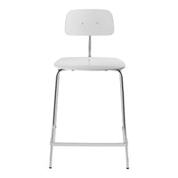 Sleek modern white bar stool with a minimalist design and chrome legs, perfect for contemporary spaces.