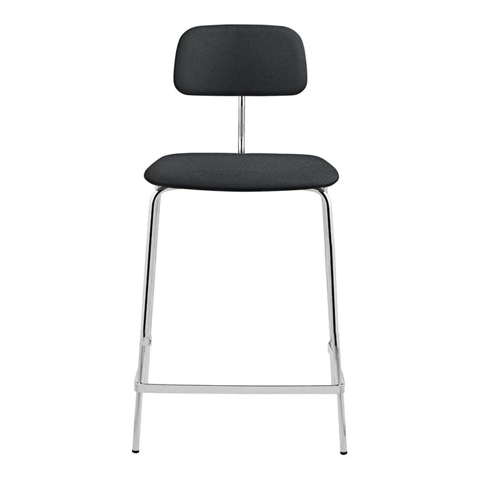 Sleek black upholstered bar stool with a minimalist design and shiny chrome legs. Perfect for modern interiors.
