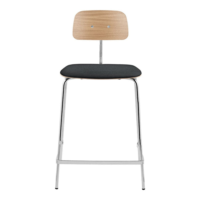 Black padded seat with natural wood backrest, set on a sleek chrome frame. Stylish and modern barstool design.