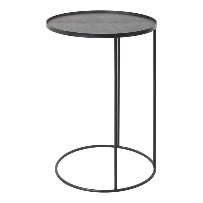 Black round side table with a sleek finish and minimalistic metal frame, perfect for modern decor.