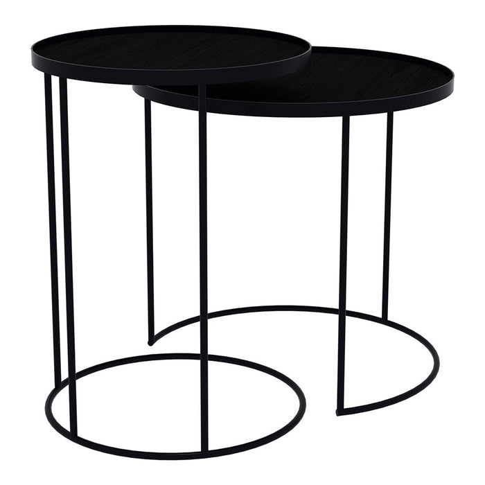 Black round nesting tables with sleek metal frames, featuring a minimalist design and clean lines. Perfect for modern spaces.