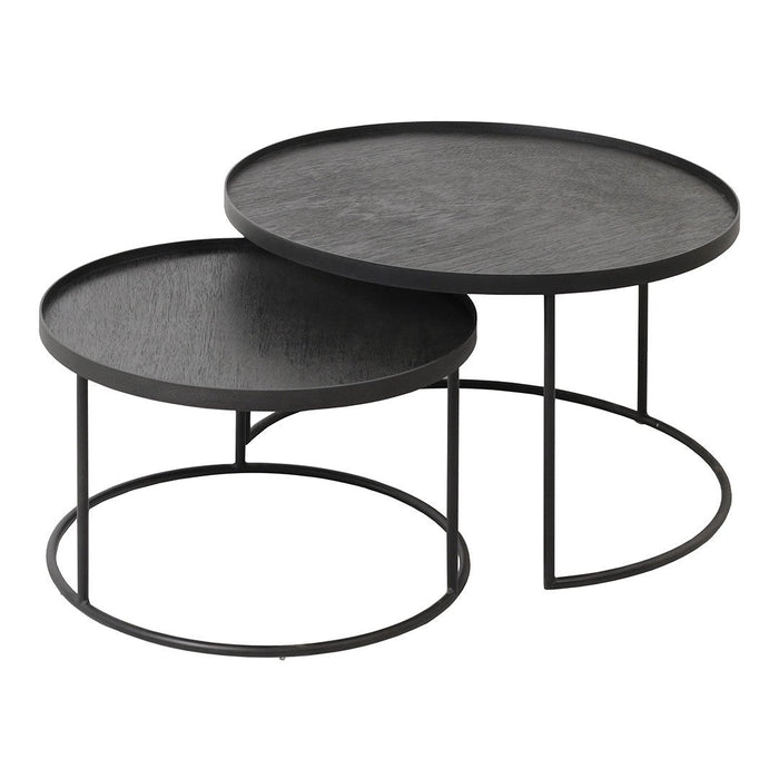 Black round nesting coffee tables with textured surfaces and sleek metal bases, perfect for modern decor.