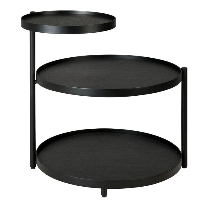 Black metal three-tiered side table with smooth circular trays and minimalist design. Ideal for modern decor.