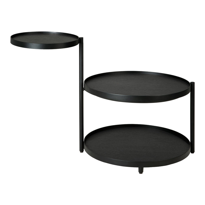 Black metal tiered shelving unit with sleek, circular trays and a modern, minimalist design.