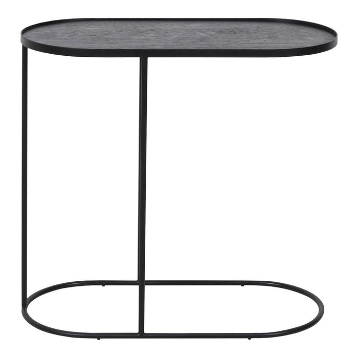 Black oval side table with a sleek metal frame and a smooth, dark tabletop. Perfect for modern decor.