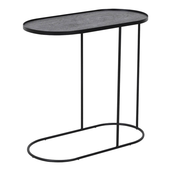 Black oval side table with a textured surface and sleek metal legs, perfect for modern decor.