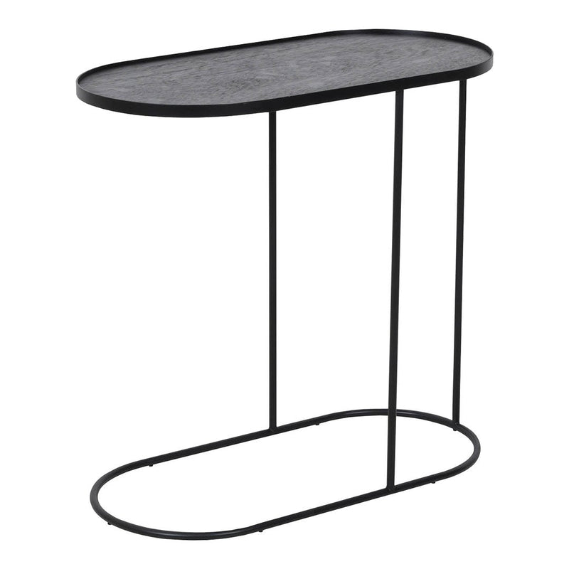 Black oval side table with a textured surface and sleek metal legs, perfect for modern decor.