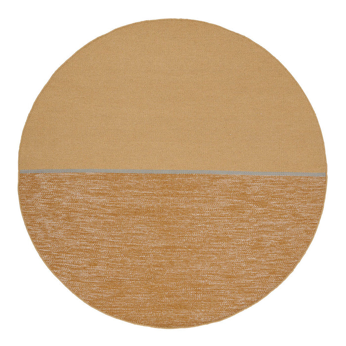 Round rug featuring a two-tone design in warm beige and textured light brown, accented with a subtle gray stripe.