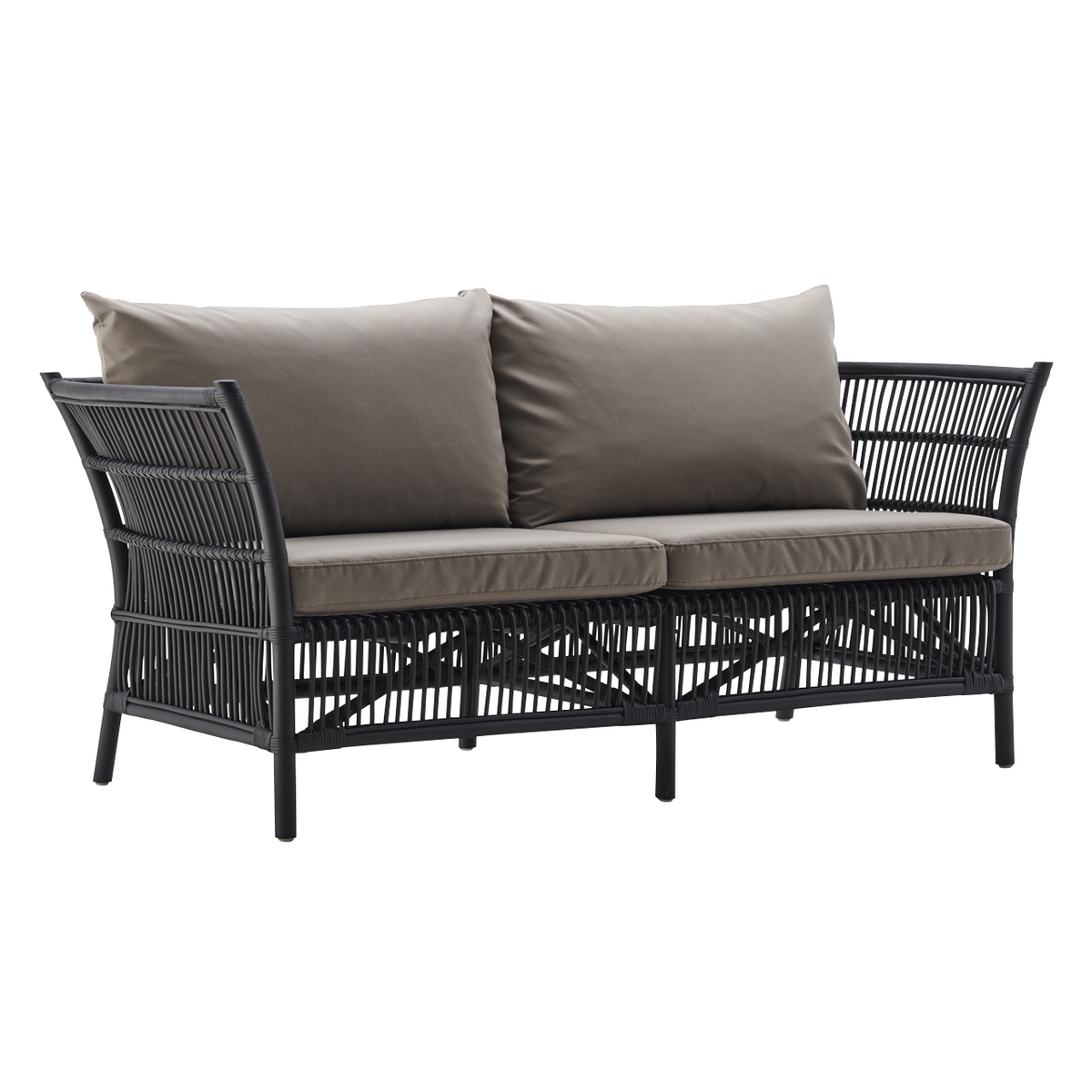 Black wicker outdoor sofa with beige cushions, featuring a sleek modern design and elegant line patterns.
