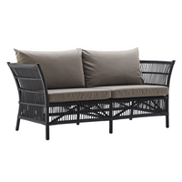 Black wicker outdoor sofa with beige cushions, featuring a sleek modern design and elegant line patterns.