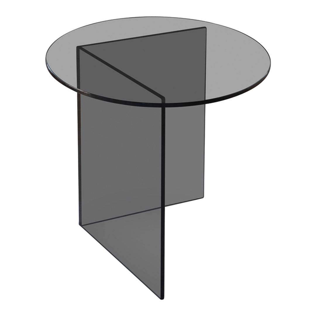Smoke glass round side table with a sleek geometric black base, perfect for modern decor and contemporary spaces.