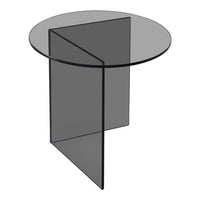 Smoke glass round side table with a sleek geometric black base, perfect for modern decor and contemporary spaces.